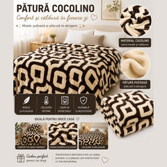 Patura Cocolino Pufoasa cu Model Geometric Modern, 200x220 cm, Crem si Maro