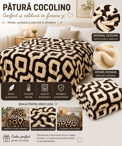 Patura Cocolino Pufoasa cu Model Geometric Modern, 200x220 cm, Crem si Maro