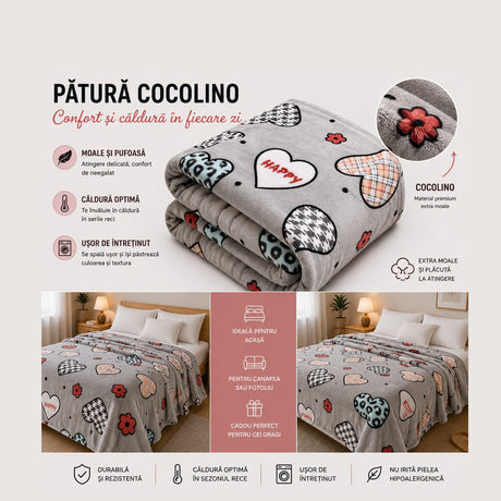 Patura Cocolino Pufoasa cu Model Inimi Happy, 200x220 cm, Gri