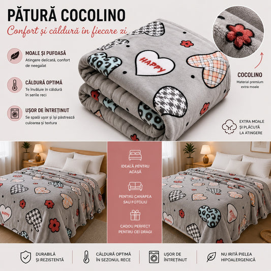 Patura Cocolino Pufoasa cu Model Inimi Happy, 200x220 cm, Gri