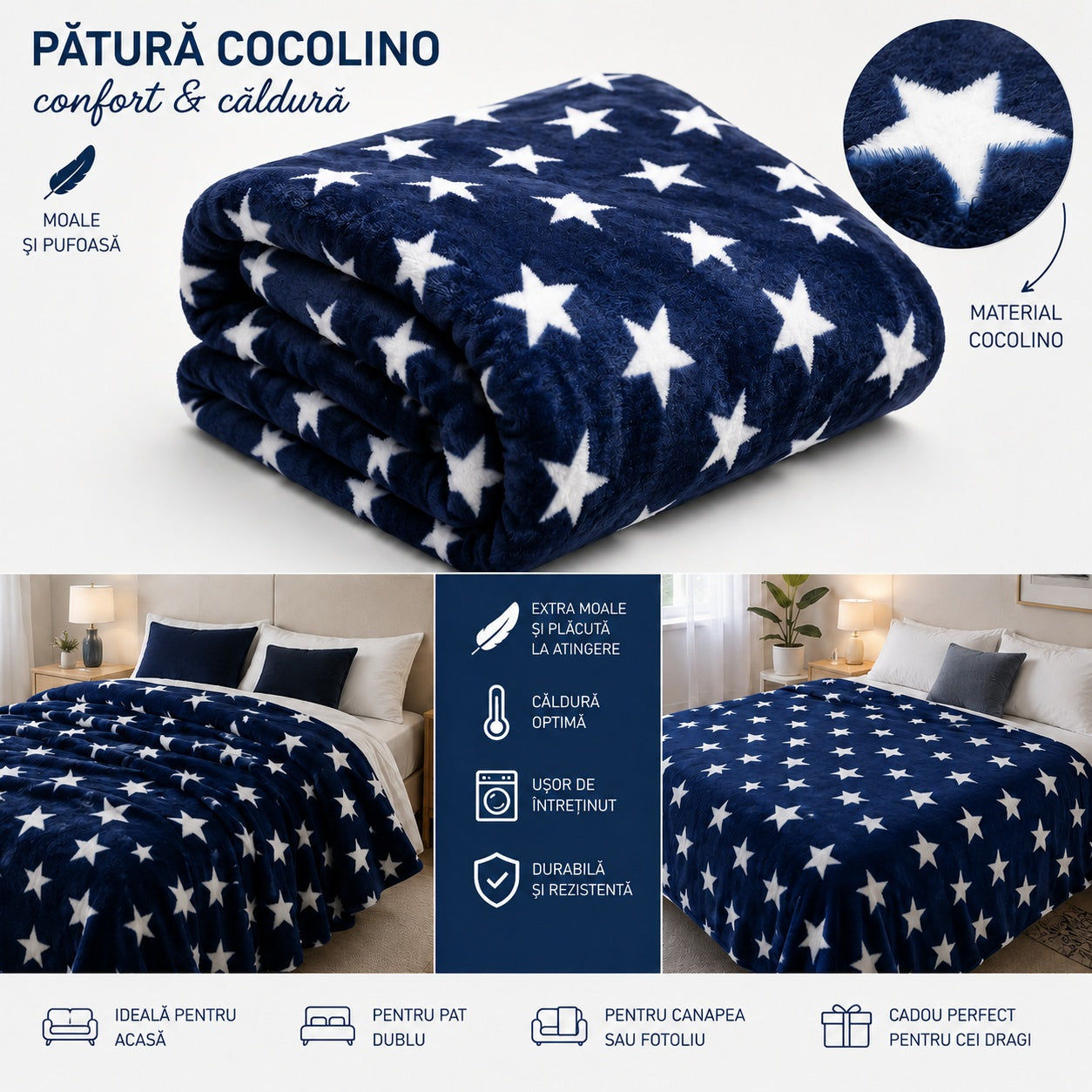Patura Cocolino Pufoasa cu Stele Albe, Bleumarin, 200x220 cm