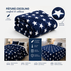 Patura Cocolino Pufoasa cu Stele Albe, Bleumarin, 200x220 cm