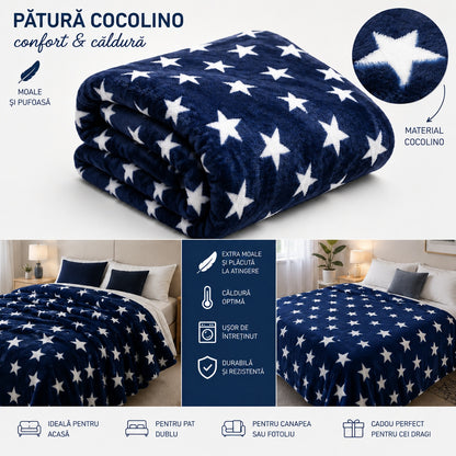 Patura Cocolino Pufoasa cu Stele Albe, Bleumarin, 200x220 cm
