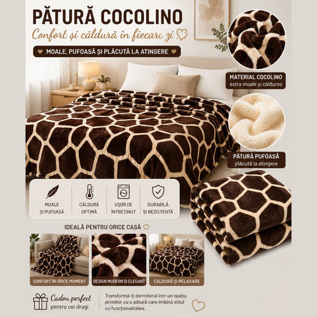 Patura Cocolino Pufoasa Model Girafa, Crem/Maro, 200x220 cm