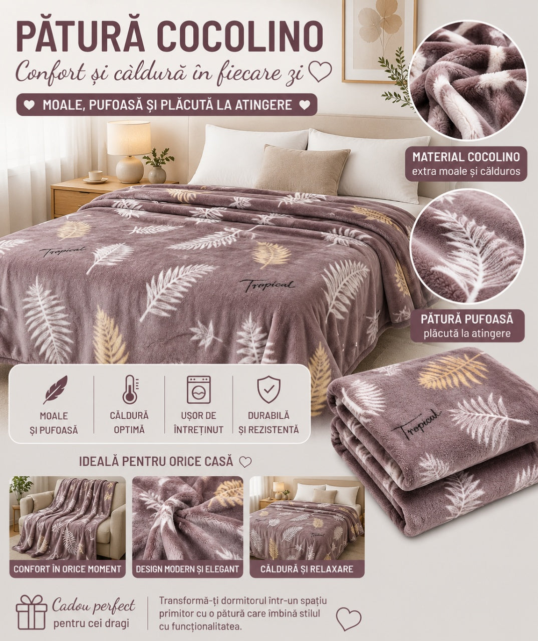 Patura Cocolino Pufoasa Tropical, Mov Pudrat, 200x220 cm