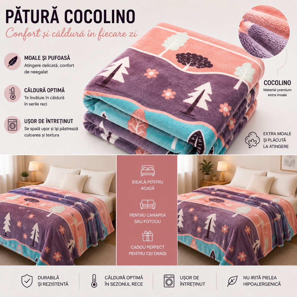 Pătură de pat moale și călduroasă pentru iarnă, design pentru copii, 220x200mm