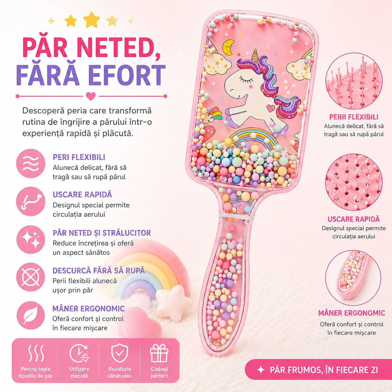 Perie de Păr colorata, 15cm, Diverse Modele – Descurcare Ușoară