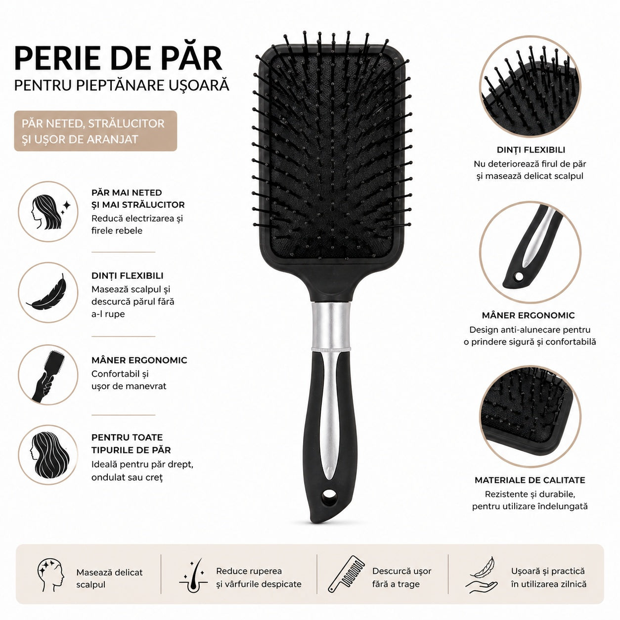 Perie de Păr Profesională cu Dinți Flexibili, neagra – Descurcare Delicată și Păr Strălucitor