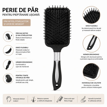 Perie de Păr Profesională cu Dinți Flexibili, neagra – Descurcare Delicată și Păr Strălucitor