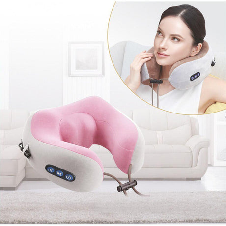 Pernă cervicală cu masaj pentru gât, spumă memory foam, alimentare USB, roz