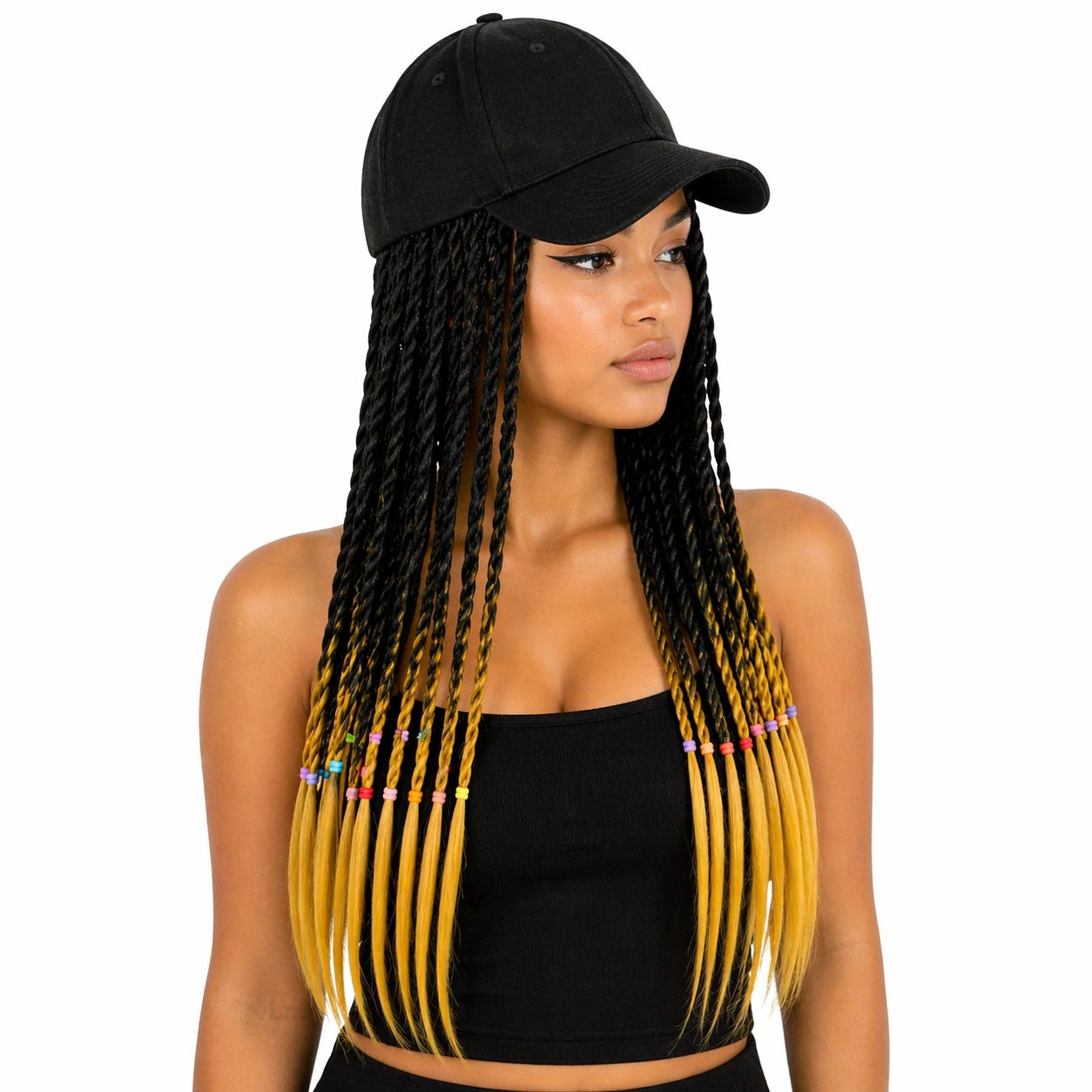 Peruca impletita negru cu ombre galben 50 cm cu sapca neagra