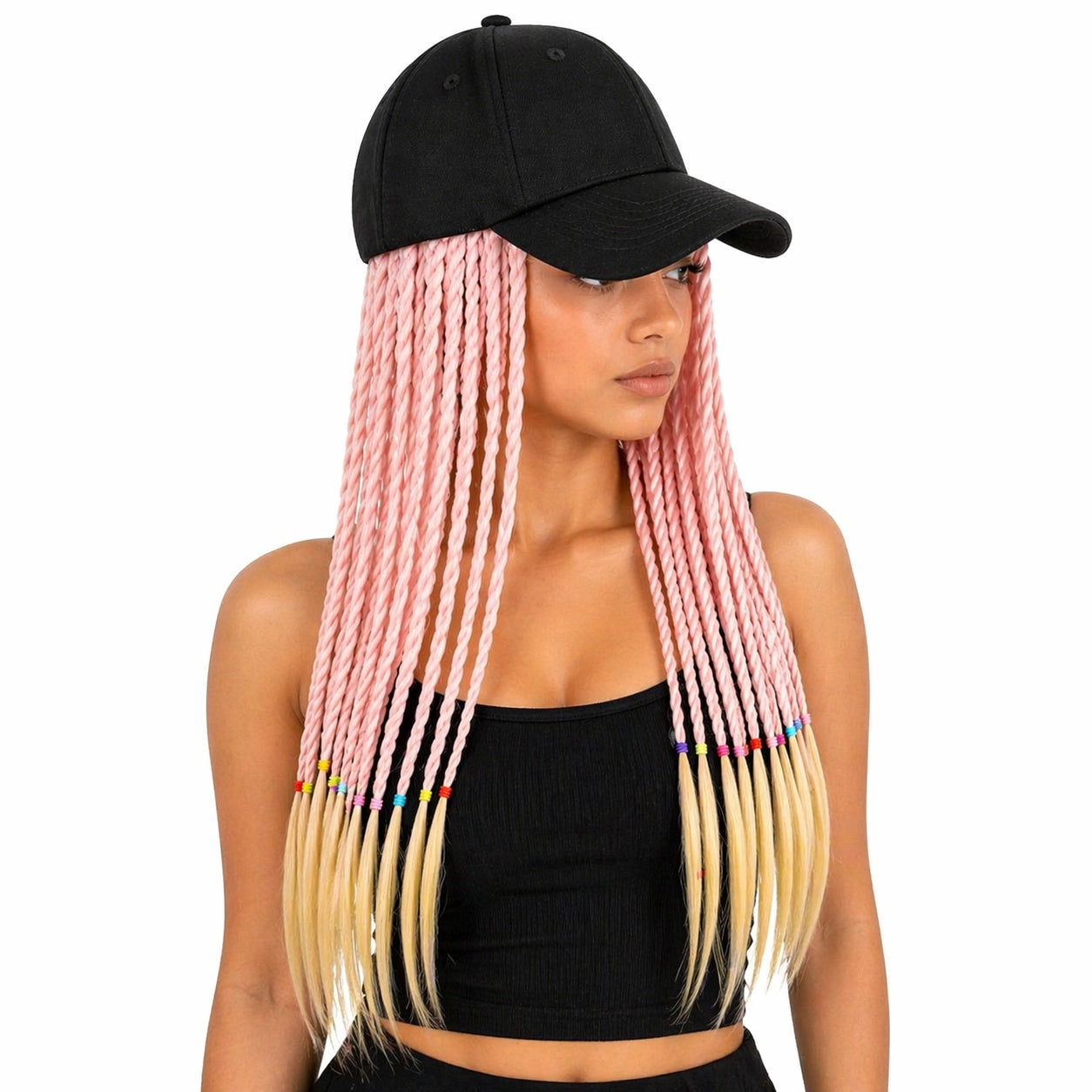 Peruca impletita roz deschis cu ombre blond 50 cm cu sapca neagra