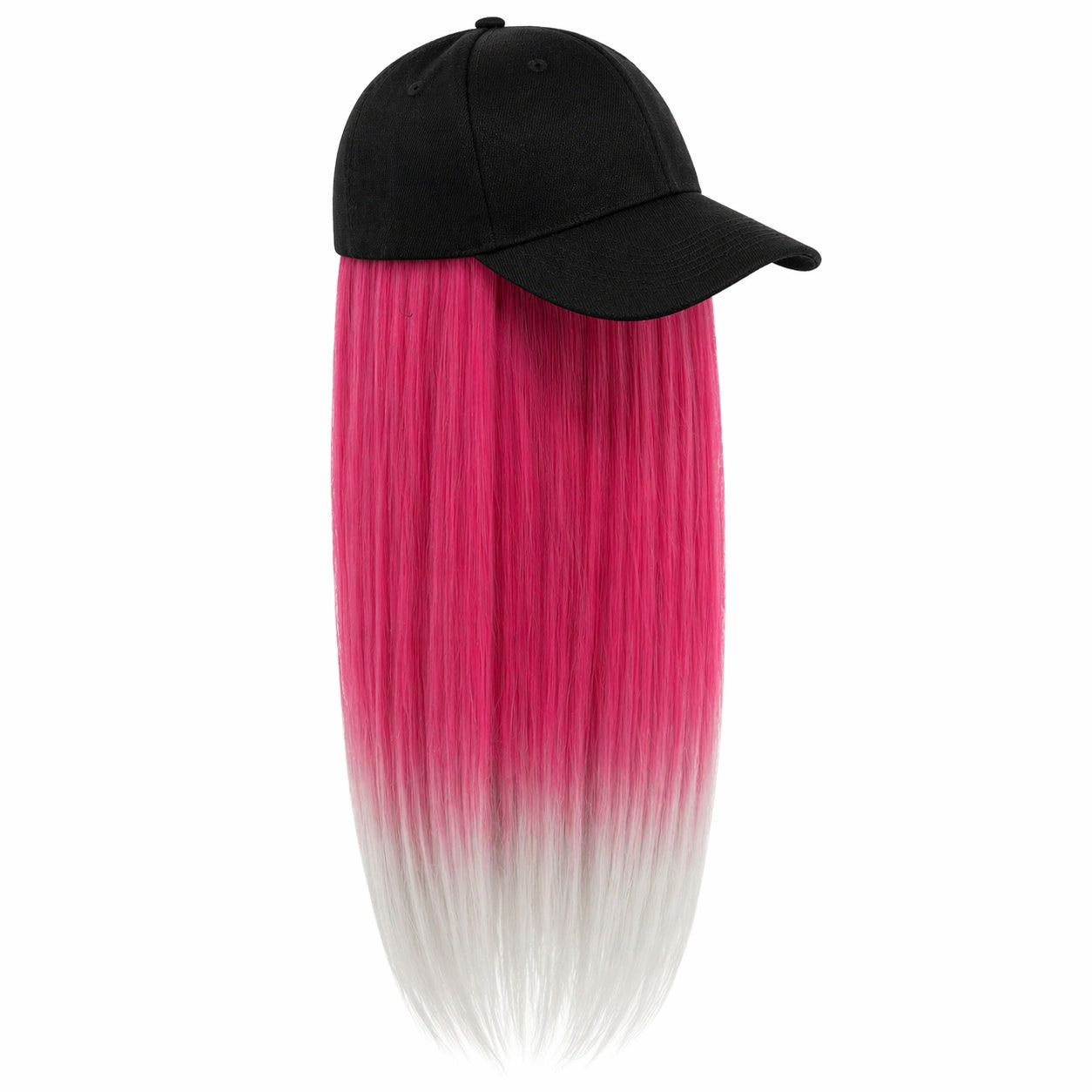 Peruca lunga 50 cm cu sapca neagra, par fucsia cu varfuri albe