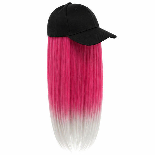 Peruca lunga 50 cm cu sapca neagra, par fucsia cu varfuri albe
