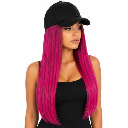 Peruca lunga 50 cm cu sapca neagra, par fucsia drept