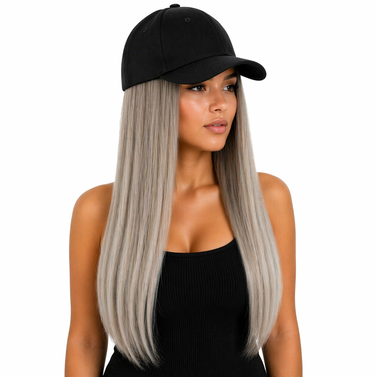 Peruca lunga 50 cm cu sapca neagra, par gri deschis drept