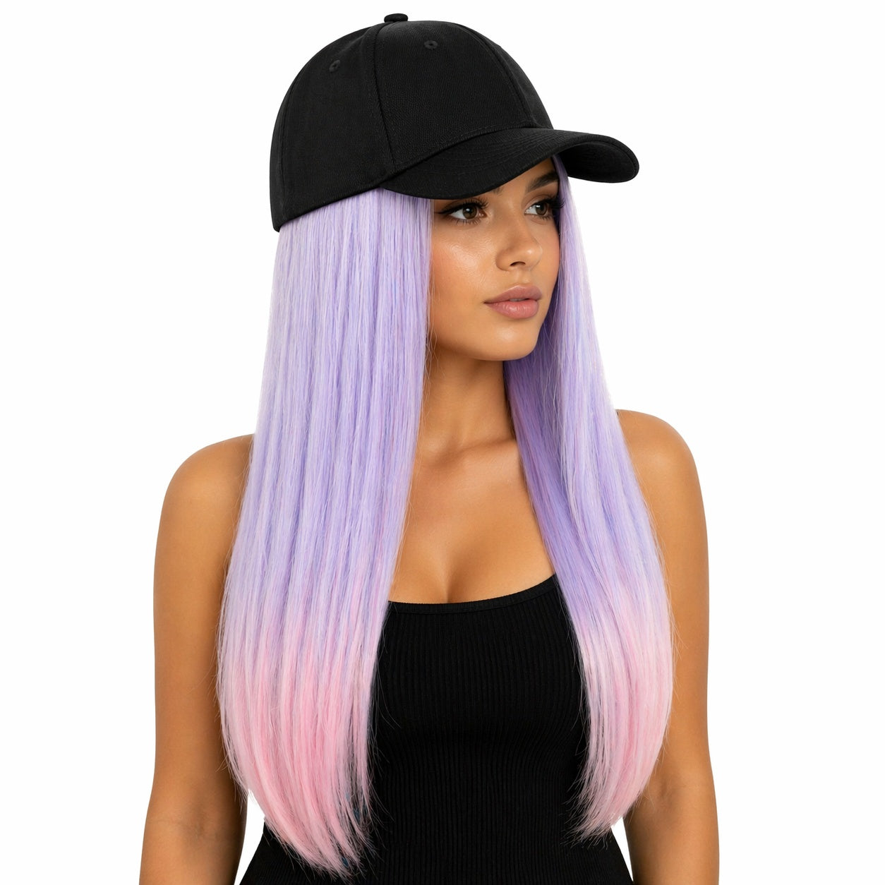 Peruca lunga 50 cm cu sapca neagra, par lila cu varfuri roz pudrat