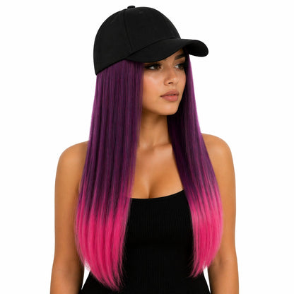 Peruca lunga 50 cm cu sapca neagra, par mov si fucsia