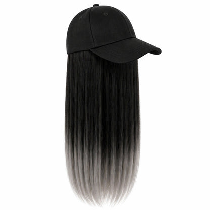 Peruca lunga 50 cm cu sapca neagra, par negru cu efect ombre gri