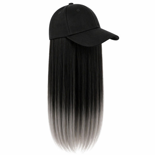 Peruca lunga 50 cm cu sapca neagra, par negru cu efect ombre gri