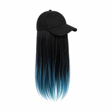 Peruca lunga 50 cm cu sapca neagra, par negru cu ombre albastru