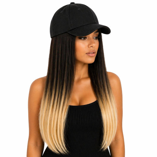 Peruca lunga 50 cm cu sapca neagra, par negru cu ombre blond