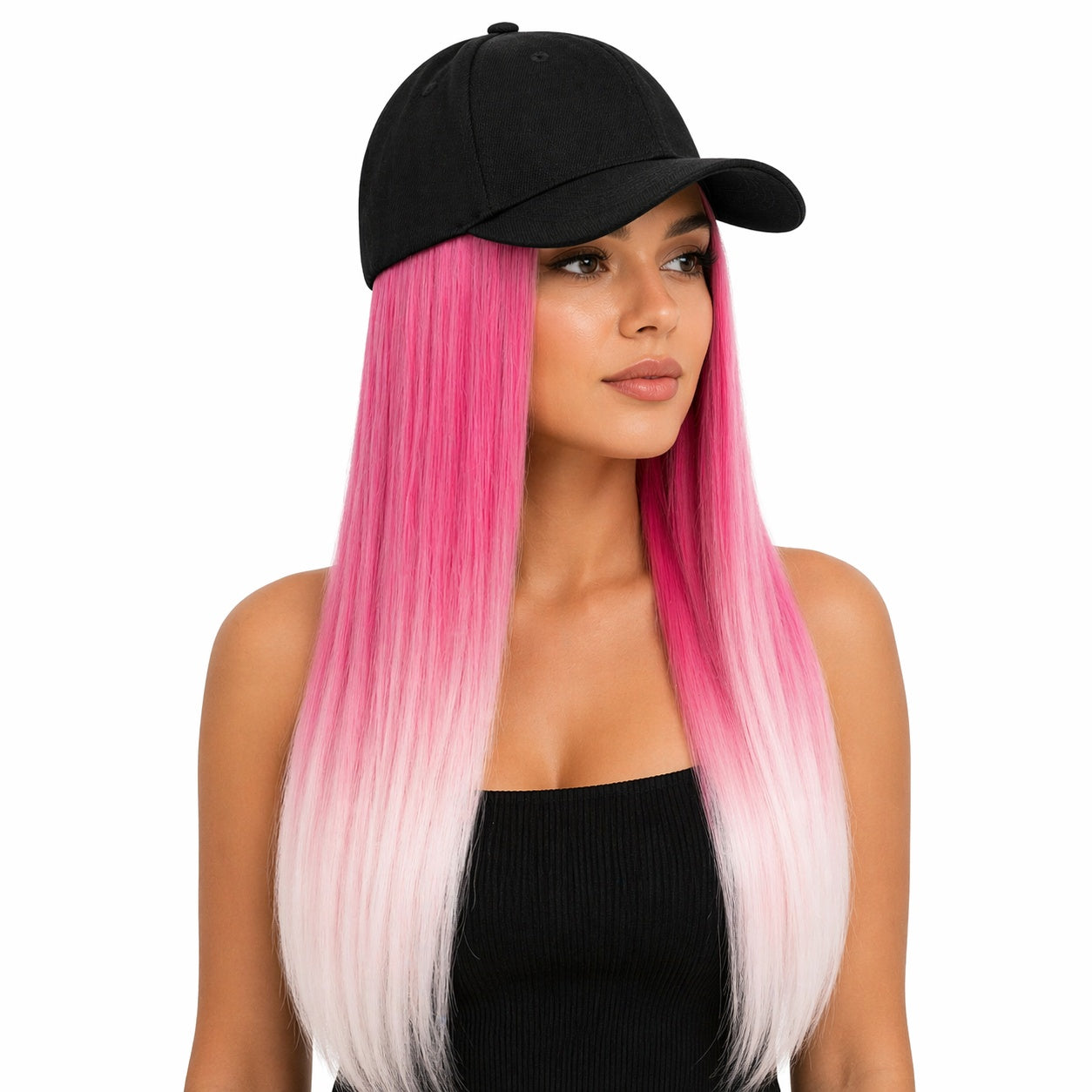 Peruca lunga 50 cm cu sapca neagra, par roz cu efect ombre alb