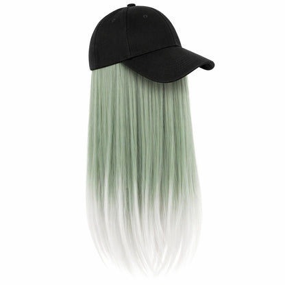 Peruca lunga 50 cm cu sapca neagra, par verde cu ombre alb