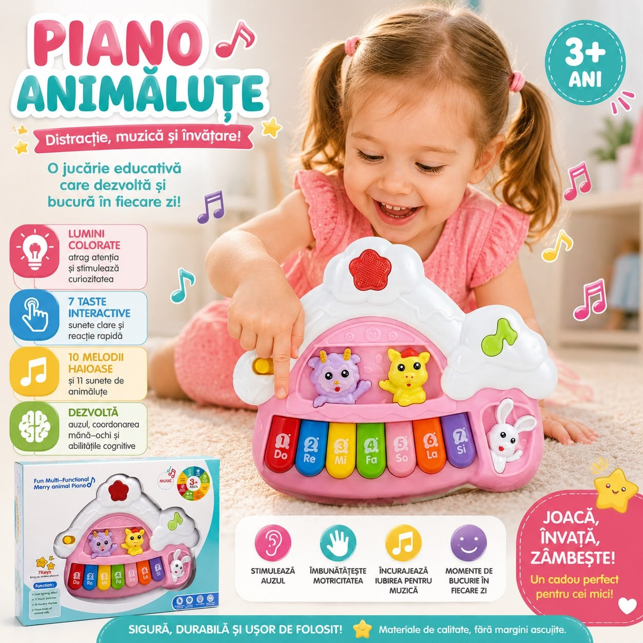 Pian Interactiv pentru Bebeluși cu Animăluțe, Lumini și Sunete, 7 Taste Muzicale, 3+ Ani