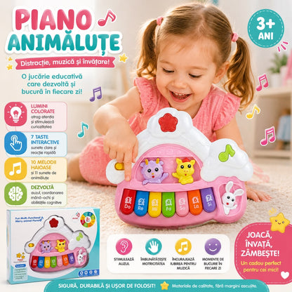 Pian Interactiv pentru Bebeluși cu Animăluțe, Lumini și Sunete, 7 Taste Muzicale, 3+ Ani
