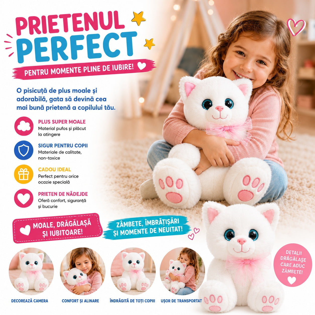 Pisică de Plus Albă 25 cm pentru Copii – Jucărie Pufoasă și Catifelată
