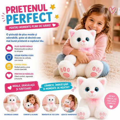 Pisică de Plus Albă 25 cm pentru Copii – Jucărie Pufoasă și Catifelată