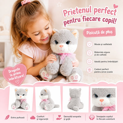 Pisică de Plus Gri 25 cm pentru Copii – Jucărie Moale și Pufoasă din Pluș