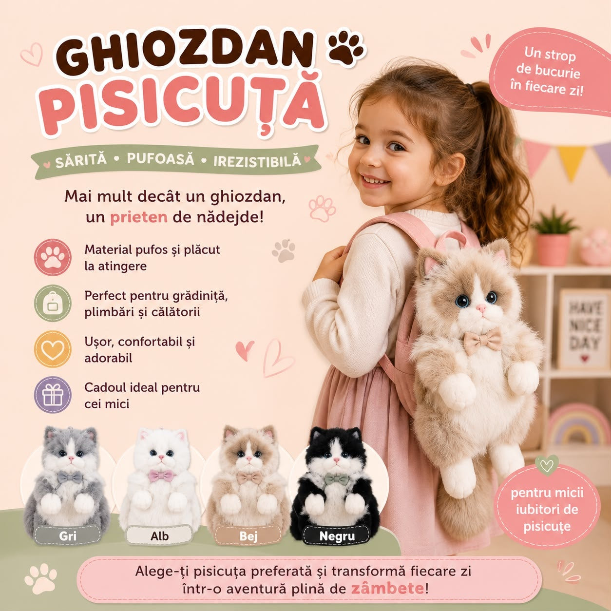 Pisica de Plus Tip Rucsac, 65 cm, Model Pufos cu Guler Elegant, Jucarie Moale pentru Copii
