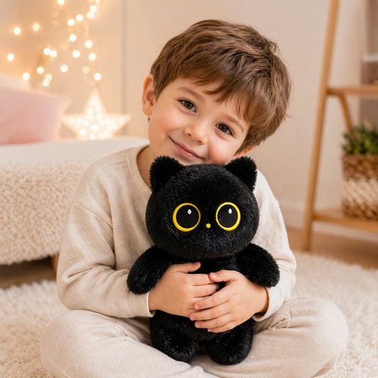Pisicuta de plus neagra 25cm, jucarie pufoasa cu ochi mari galbeni