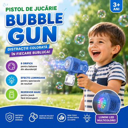 Pistol Automat de Baloane Albastru pentru Copii 3+ cu Lumini LED, 8 Orificii și Rezervor pentru Soluție