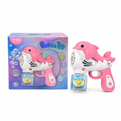Pistol automat de baloane pentru copii, model delfin, roz, cu lumini si solutie inclusa, 16x17x8 cm