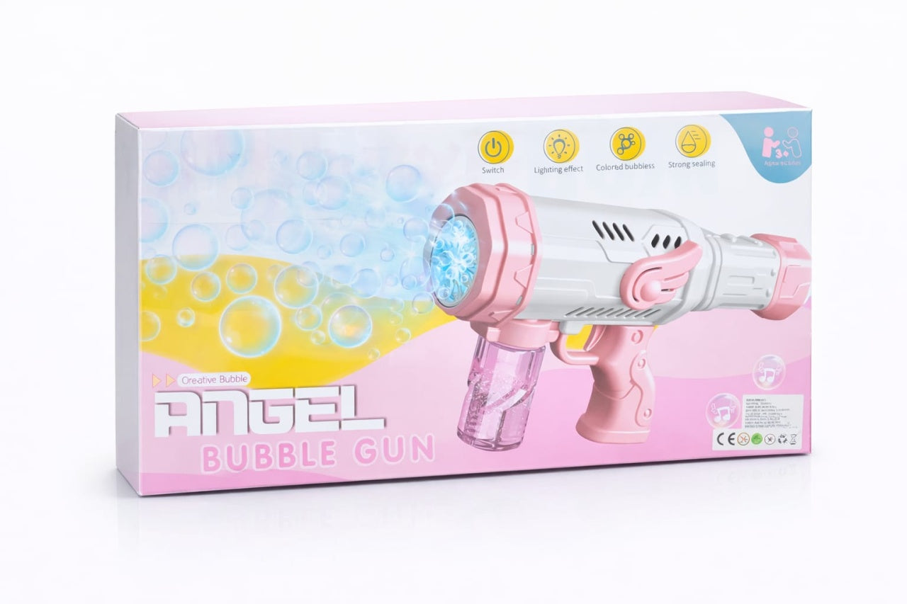 Pistol automat de facut baloane de sapun Angel Bubble Gun cu lumini si muzica, roz