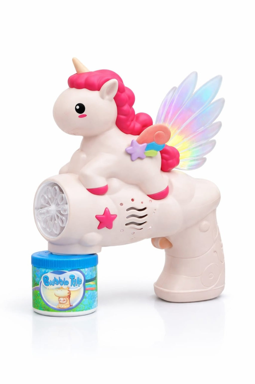 Pistol baloane sapun unicorn cu lumini LED si efecte colorate, jucarie copii