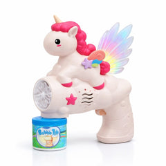 Pistol baloane sapun unicorn cu lumini LED si efecte colorate, jucarie copii