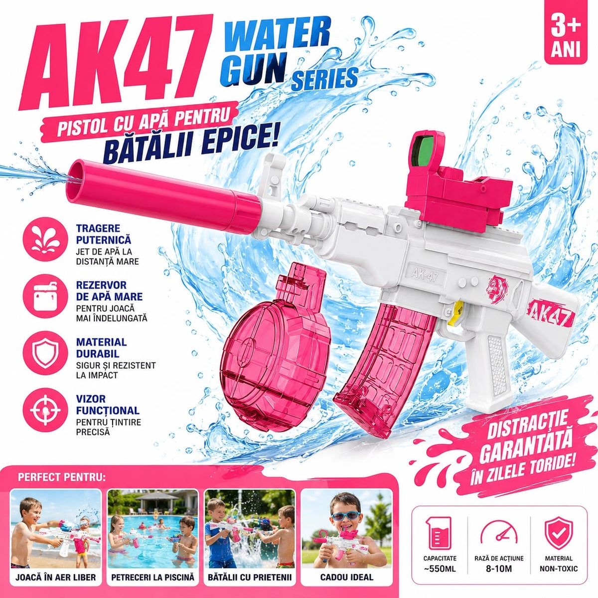 Pistol cu Apă AK47 pentru Copii 3+, Rezervor Mare 550 ml, Rază 8-10 m, Model Aleatoriu