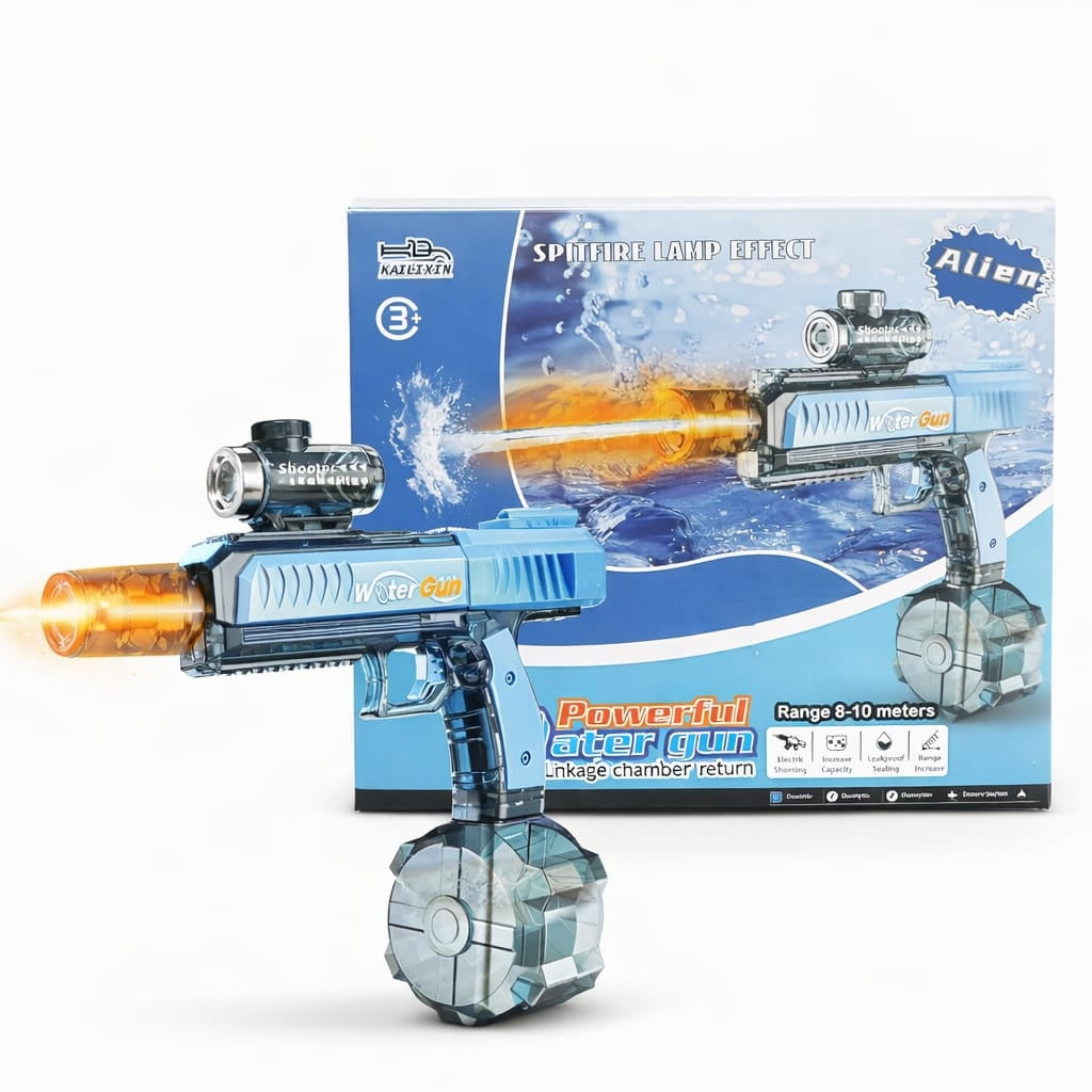 Pistol cu apa electric albastru, rezervor mare, jet continuu, jucarie exterior