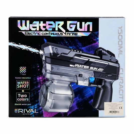 Pistol cu Apă Electric Negru cu Jet Continuu, Baterie Reîncărcabilă, Rezervor Mare și Tragere Automată
