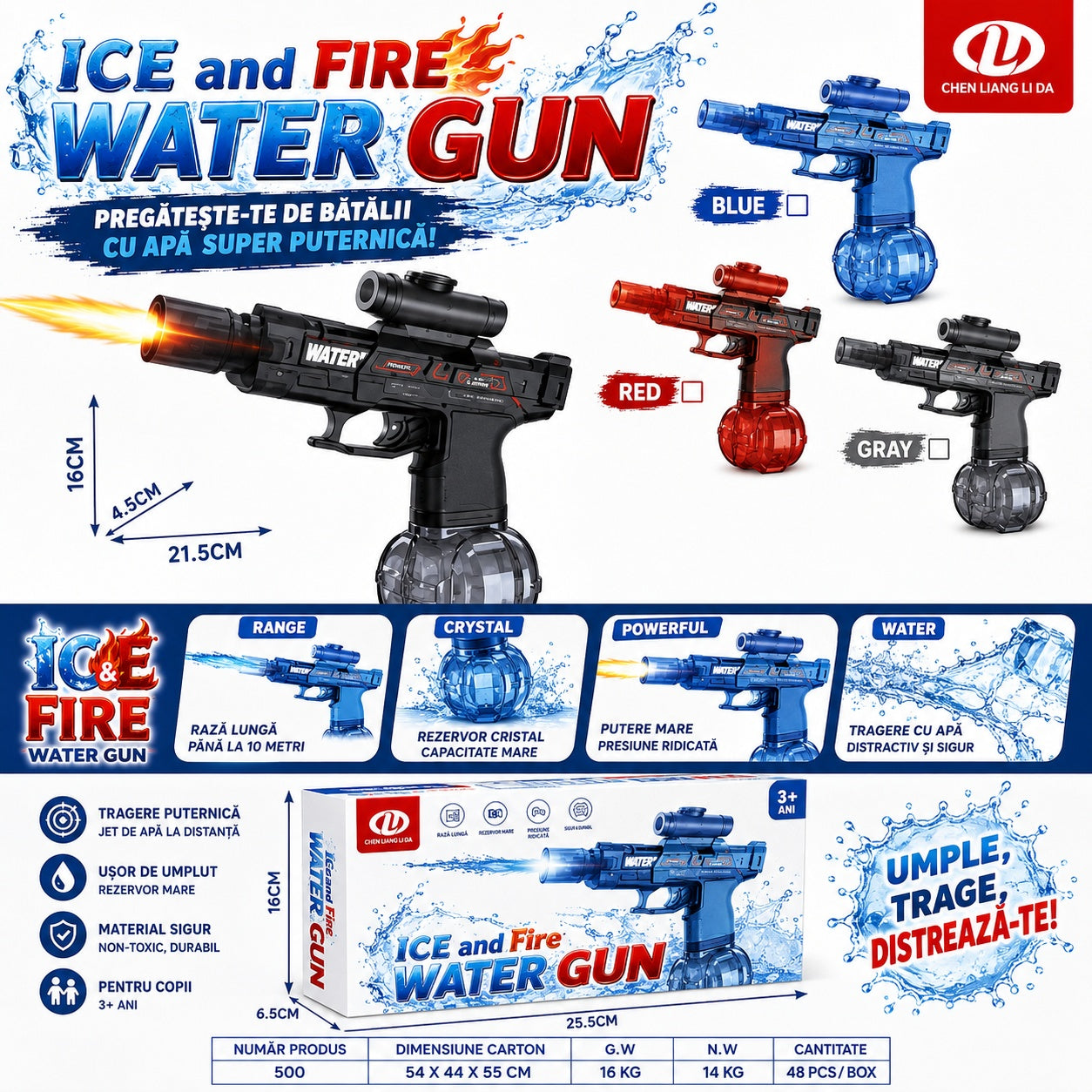 Pistol cu Apa Tip Water Gun, Rezervor Rotund, 21.5 cm, 4 Culori Asortate