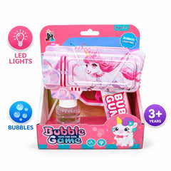 Pistol cu baloane model dragalas cu unicorn, lumini LED, roz, 19,5 cm