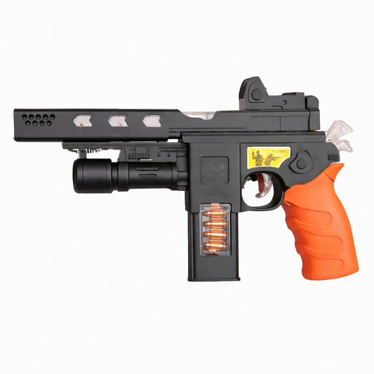 Pistol cu sunete și lumini Fittlewar JQ6805 din plastic pentru copii, 27.5 x 6 x 16.8 cm.