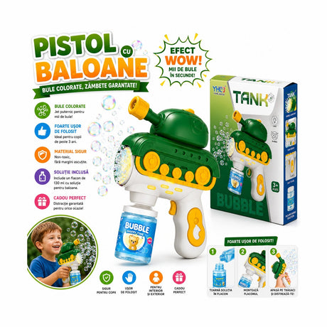 Pistol de Facut Baloane de Sapun, Model Tanc, cu Lumini, Jucarie pentru Copii