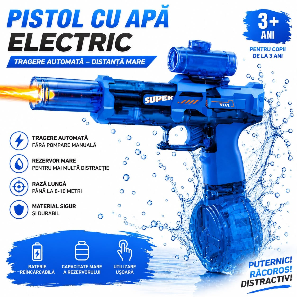 Pistol Electric cu Apă pentru Copii, Reîncărcabil USB, Tragere Automată, Rază 8–10 m, 3+ Ani