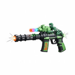Pistol jucarie 23 cm cu lumini si sunete, model militar cu soldat verde