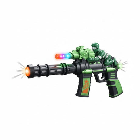 Pistol jucarie 23 cm cu lumini si sunete, model militar cu soldat verde